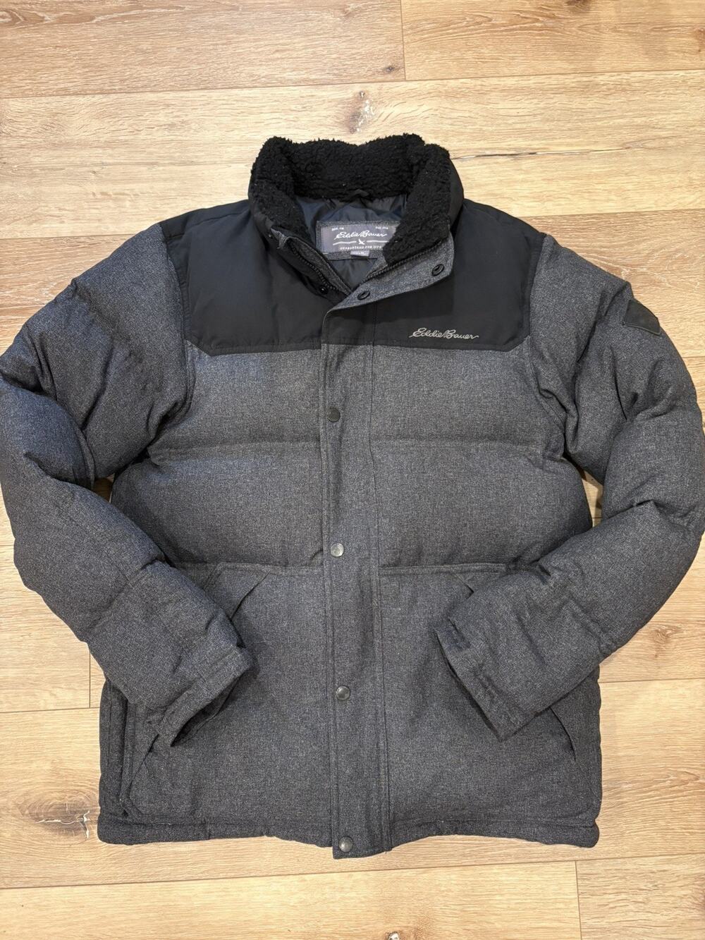Eddie Bauer Men's Noble Down Parka Jacket Gray Black Sherpa Trim Puffer Coat M